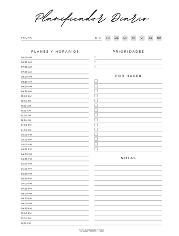 Diseña este formato de Planificador diario de ejercicios y tiempo