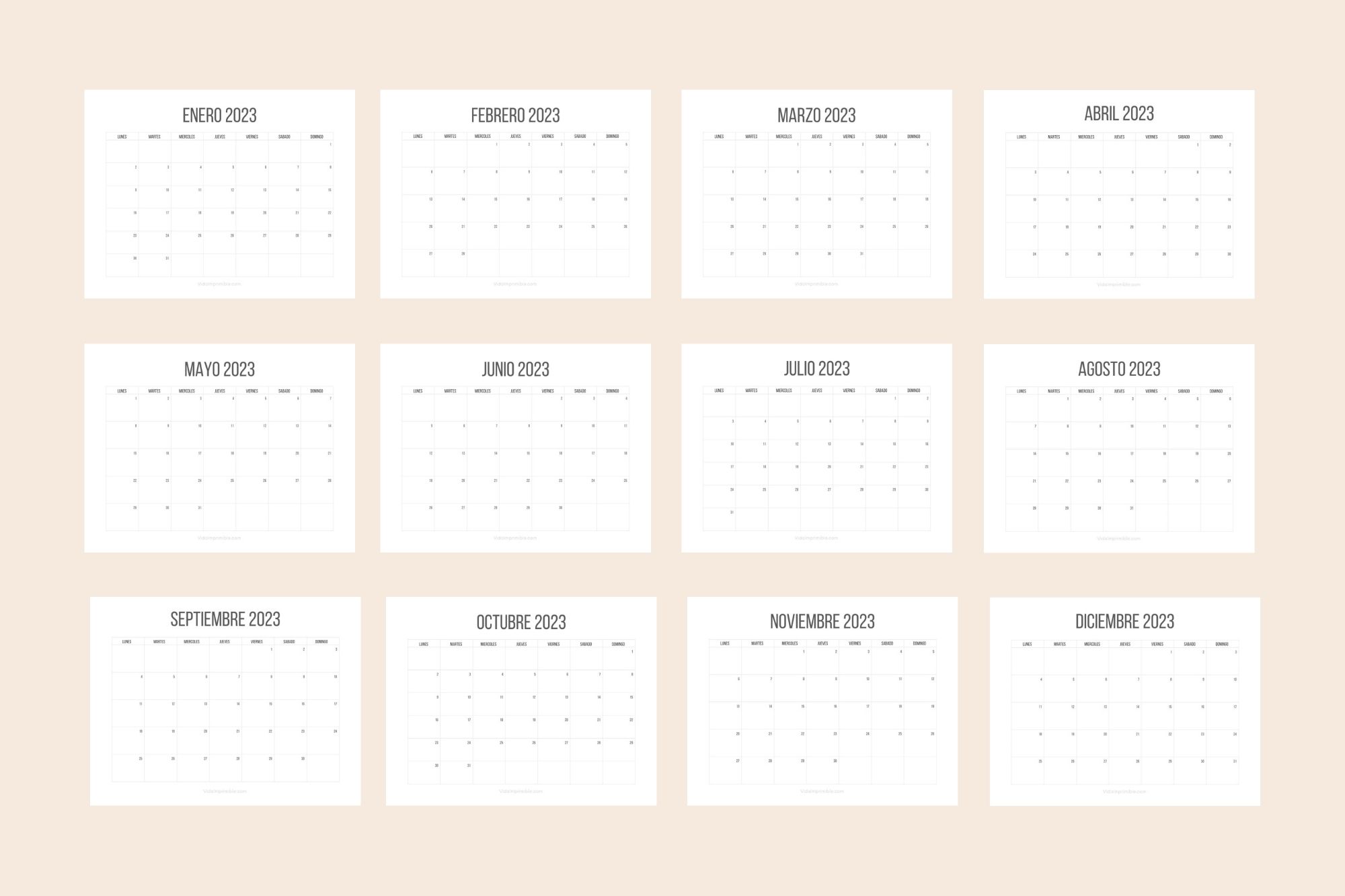 Calendario 2023 Por Mes Calendario 2023 Minimalista (12 meses) | Vida Imprimible