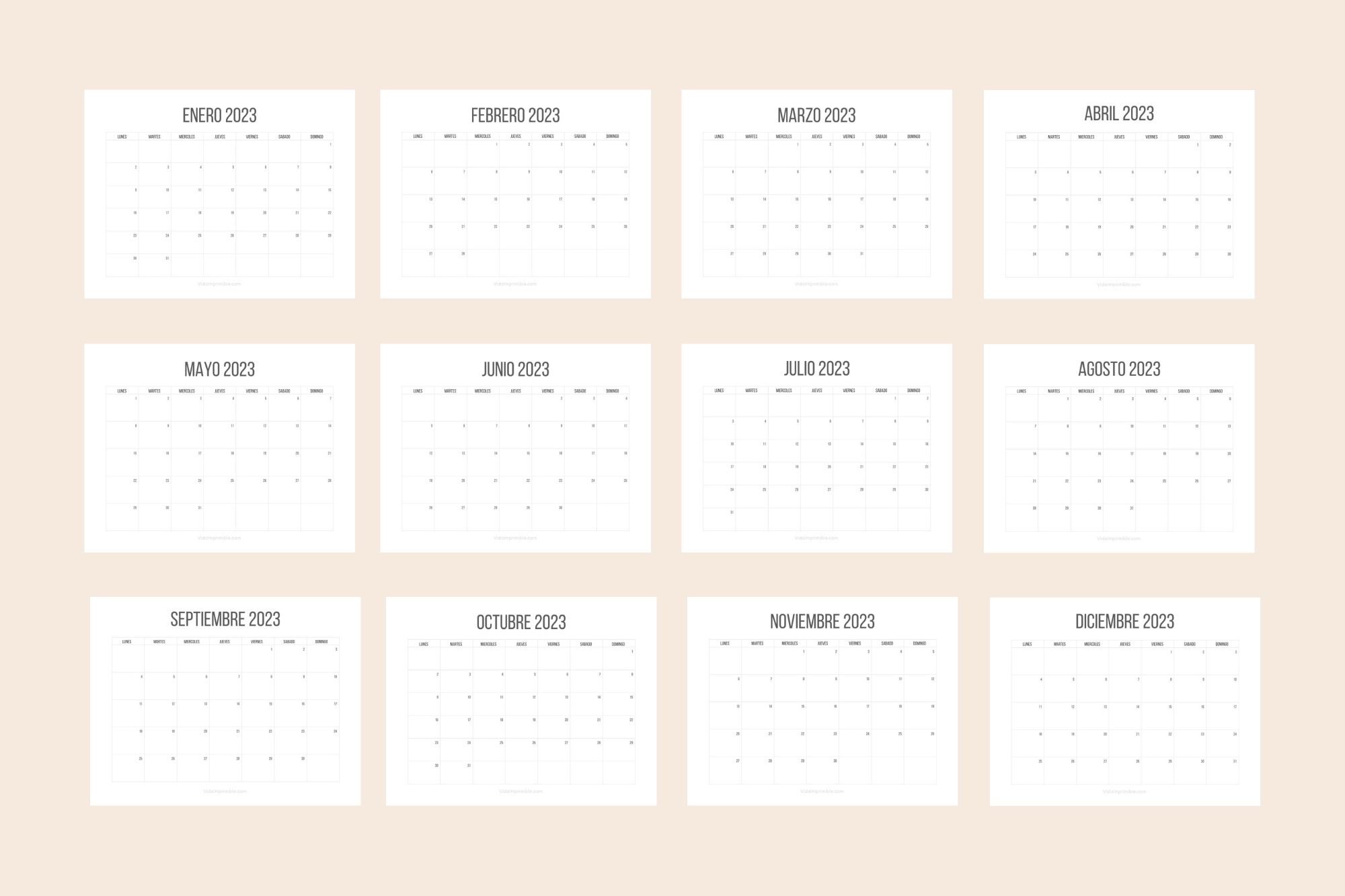 Calendario De Un Mes Calendario 2023 Minimalista (12 meses) | Vida Imprimible