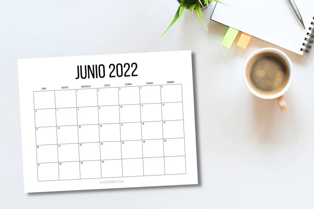 Calendario Junio 2022 para imprimir Gratis