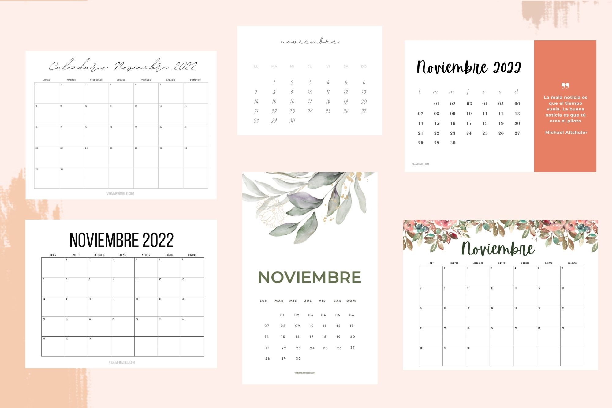 Calendarios de Noviembre 2022 para imprimir