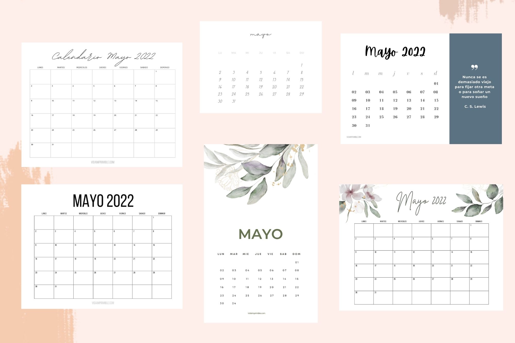 Calendarios Mayo 2022 para imprimir