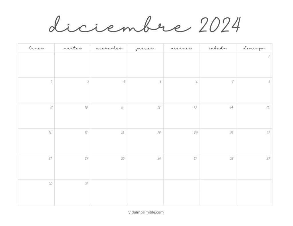 Escritorio con un Calendario Diciembre 2024 para imprimir diseño manuscrita