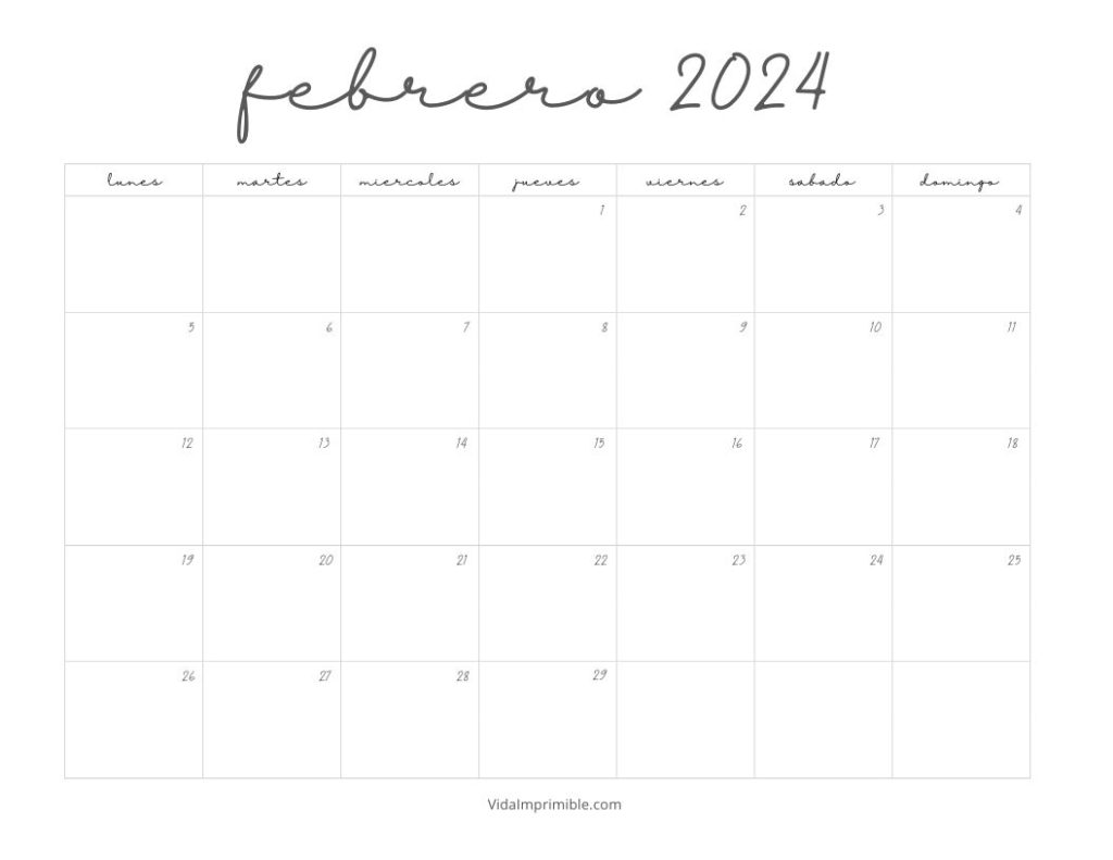 Escritorio con un Calendario Febrero 2024 para imprimir diseño manuscrita