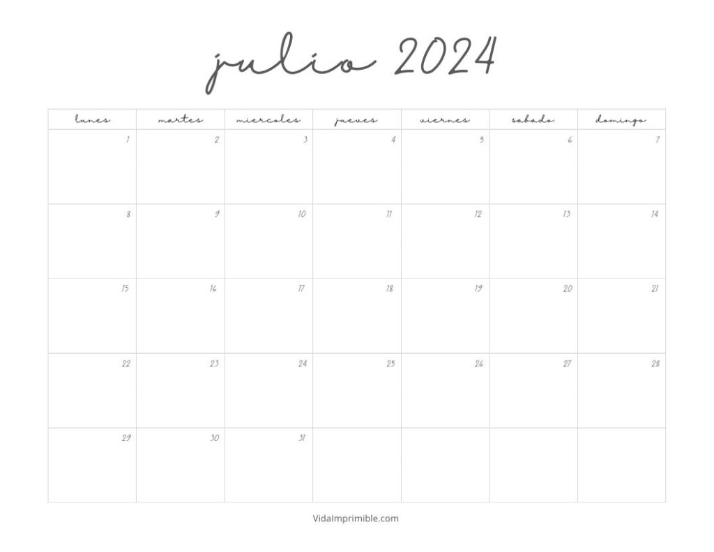 Escritorio con un Calendario Julio 2024 para imprimir diseño manuscrita