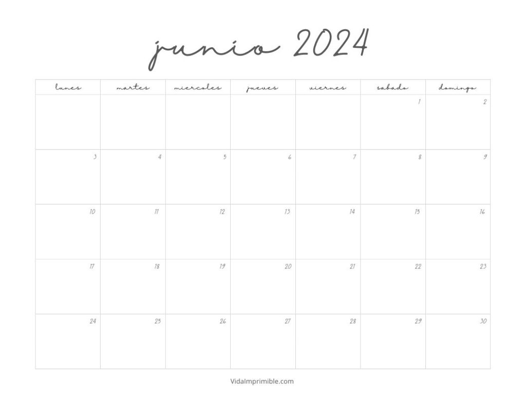 Escritorio con un Calendario Junio 2024 para imprimir diseño manuscrita