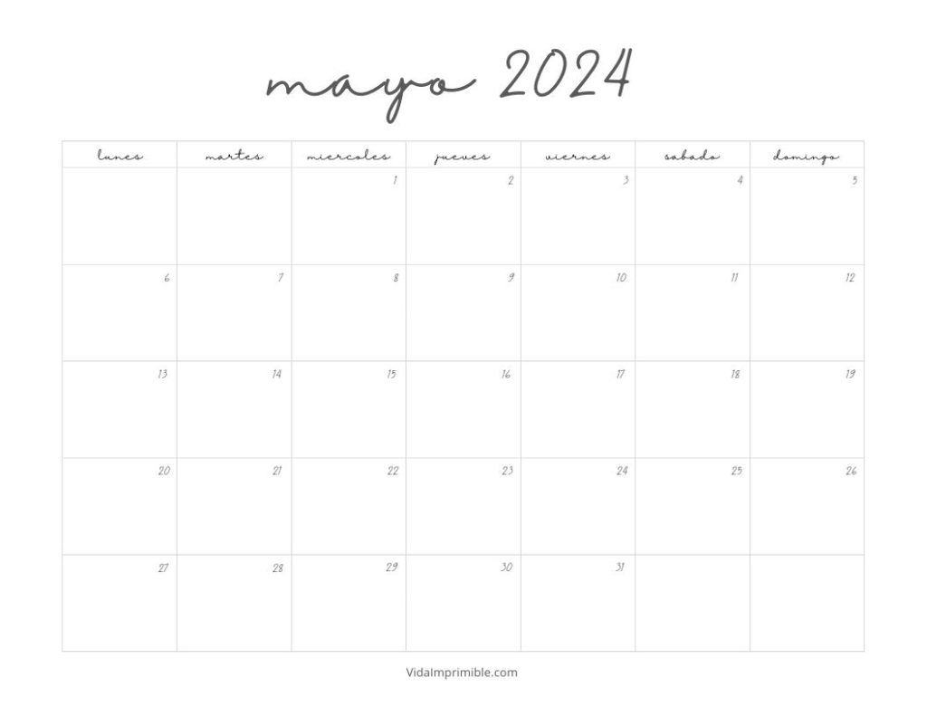 Escritorio con un Calendario Mayo 2024 para imprimir diseño manuscrita