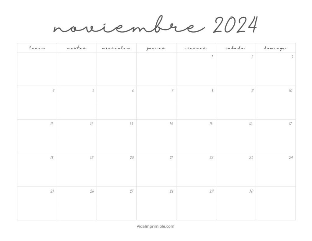 Escritorio con un Calendario Noviembre 2024 para imprimir diseño manuscrita
