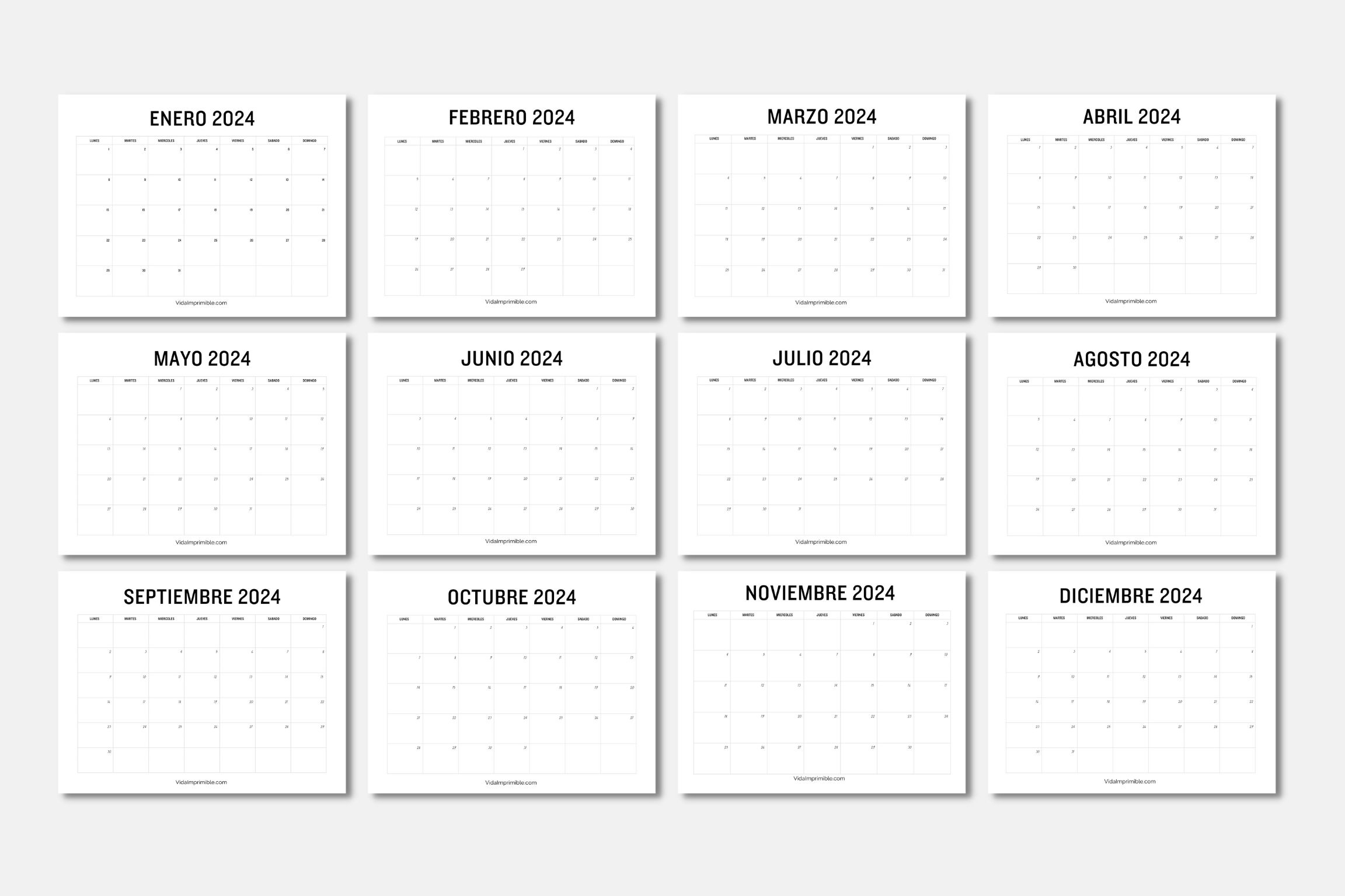 Calendarios 2024 para Imprimir, diseño minimalista Vida Imprimible