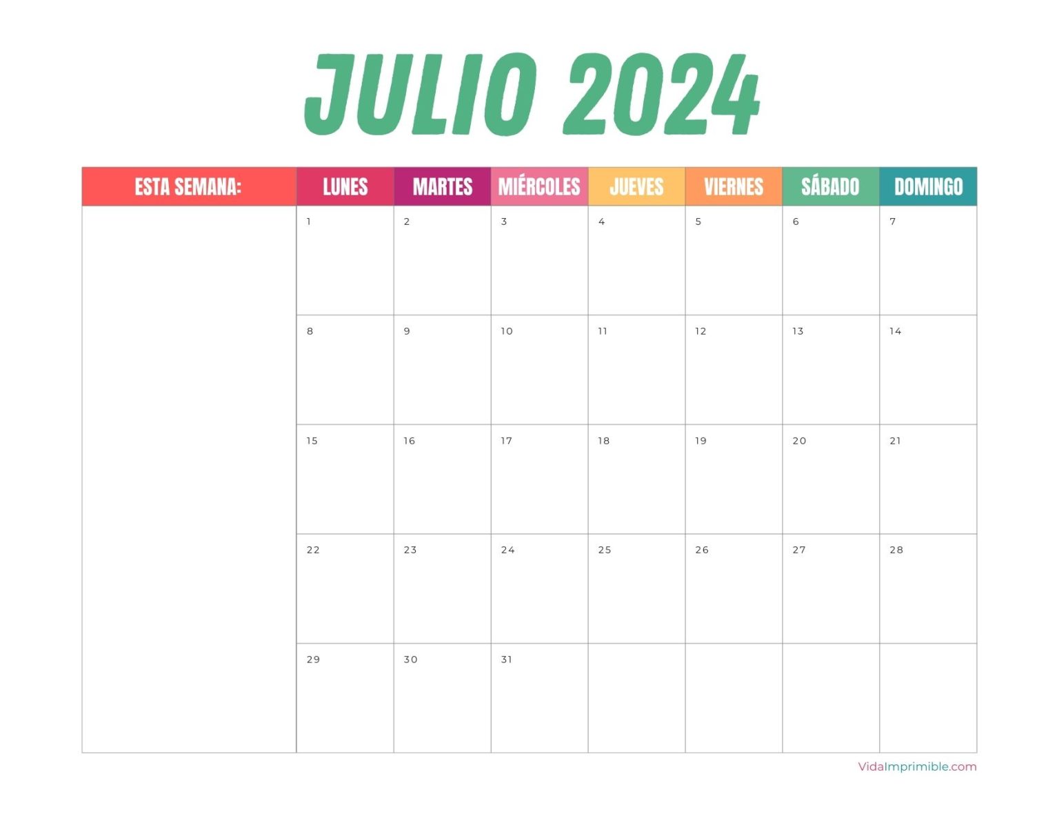 Calendarios 2024 Colores 12 Meses Vida Imprimible