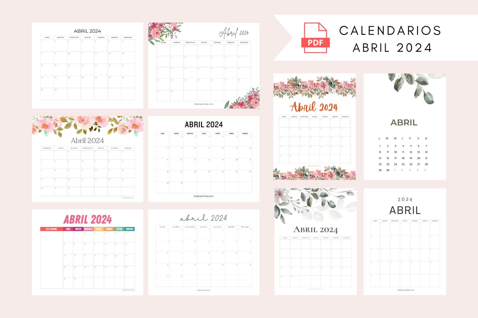 10+ PDF Calendarios de Abril 2024 para Imprimir