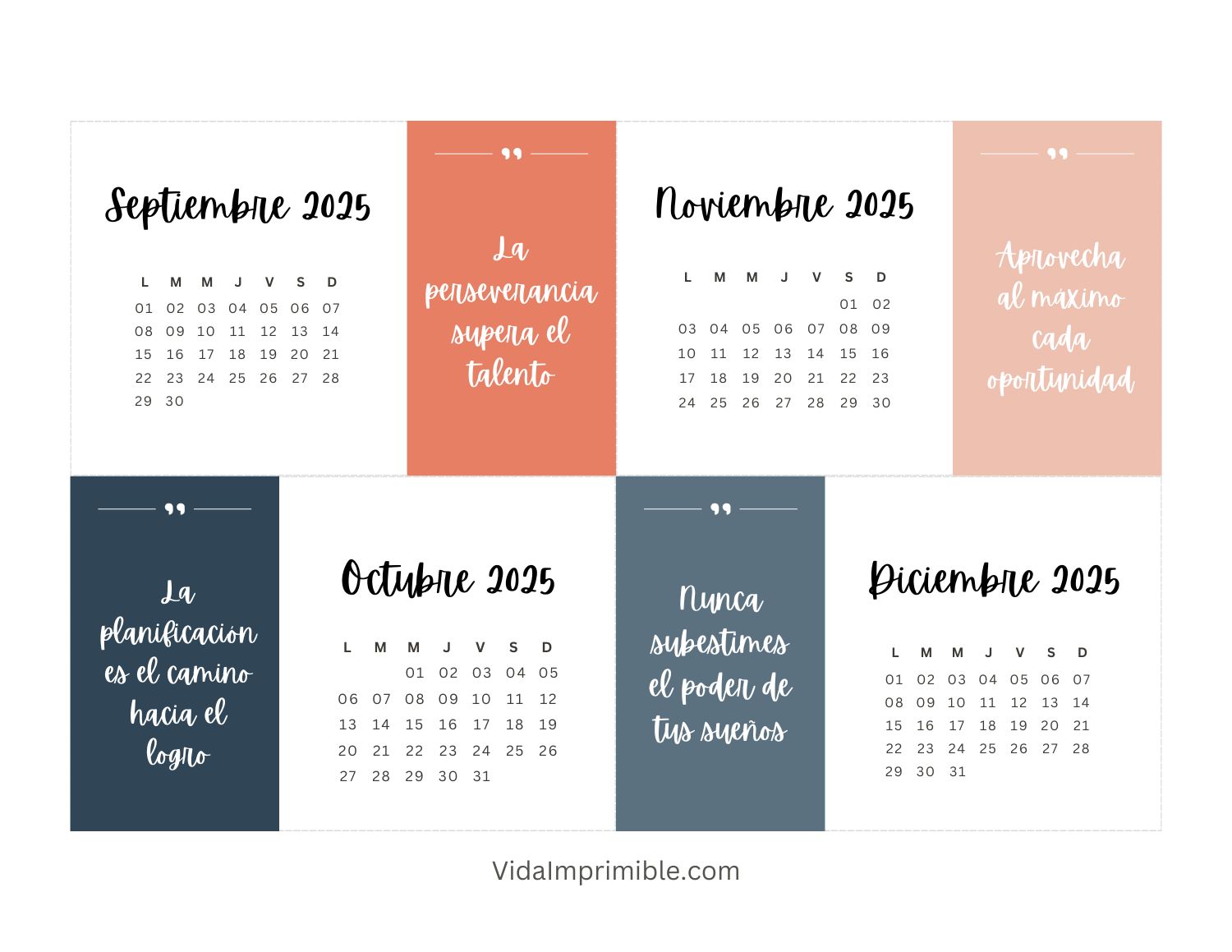 Calendario 2025 con Frases Motivadoras Vida Imprimible